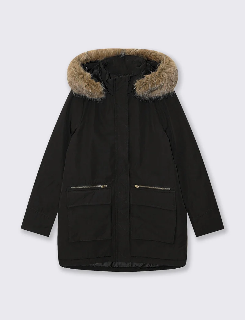 Giaccone lungo con capuccio e pelliccia - Nero
