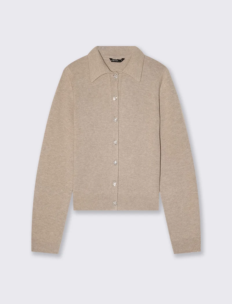 Cardigan con colletto e bottoni gioiello - Beige grano