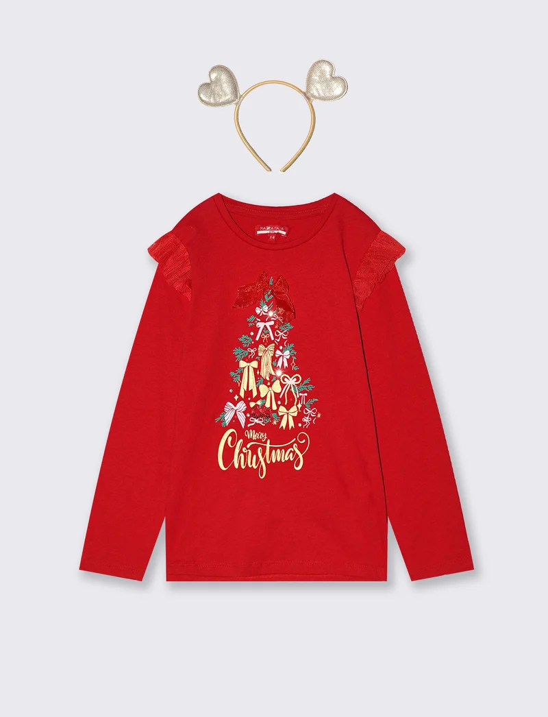 T-shirt lunga natalizia con tulle e strass - Rosso
