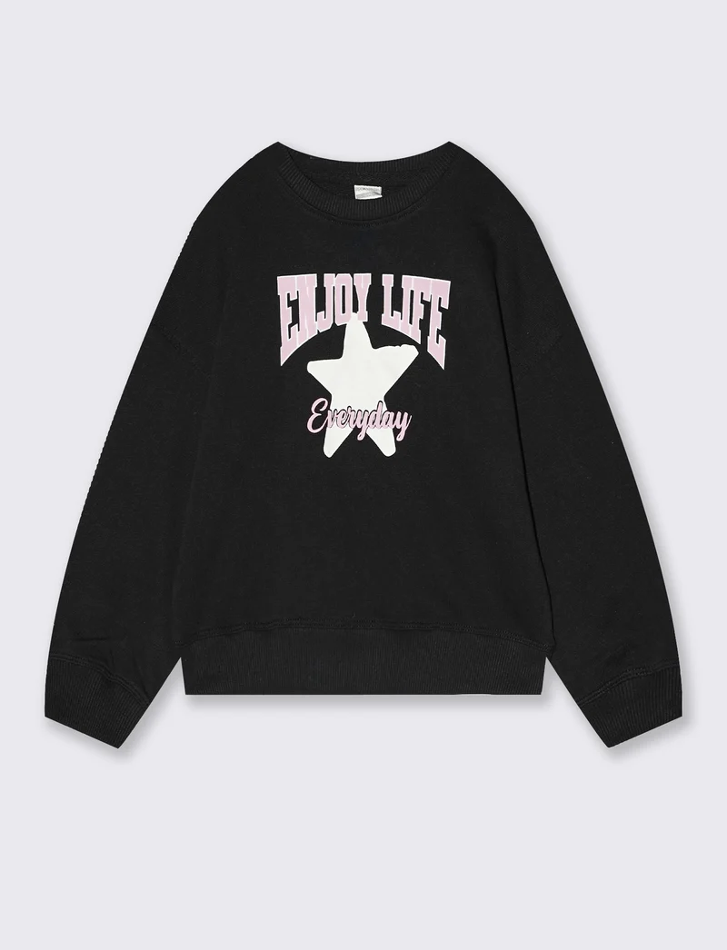 Felpa girocollo casual con stampe uniche - Nero