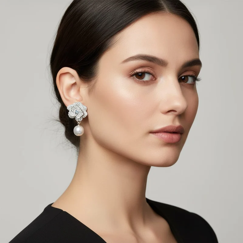 Orecchini clip fiore con strass e perla - Trasparente