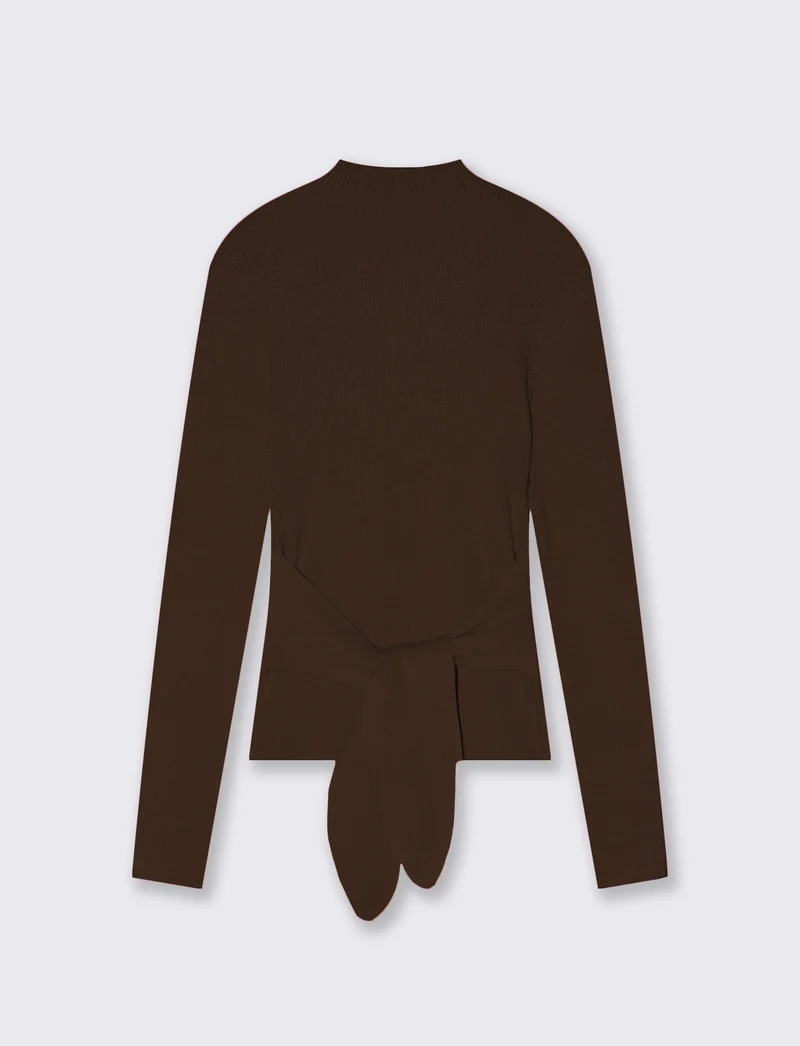 Maglia a collo alto con nodo in vita - Marrone cioccolato