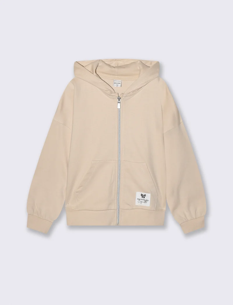 Felpa in french terry con zip e cappuccio - Beige