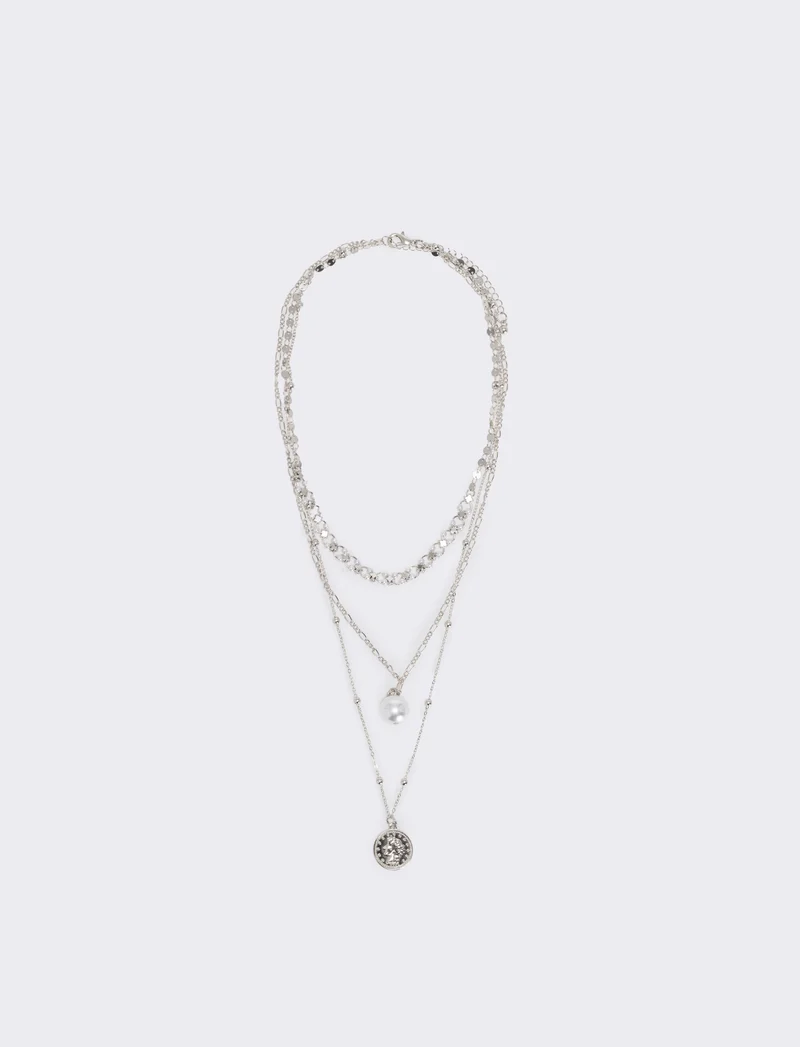 Collana tre fili con perla e monetina - Argento