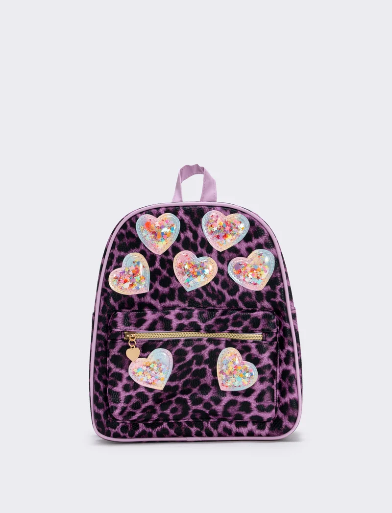 Zainetto leopardato con cuori glitterati - Lilla