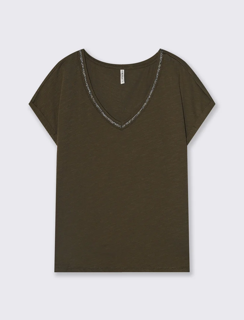 T-Shirt Scollo a V in Cotone Lurex - Kaky 1