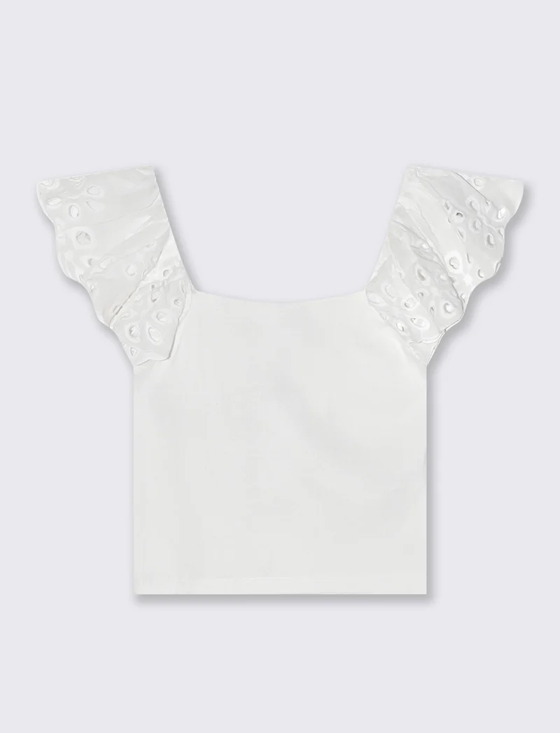 Top con pizzo e scollo quadrato a coste - Bianco