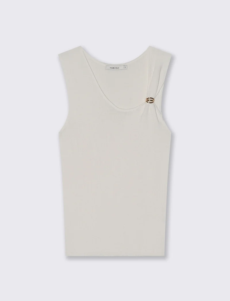 Top in Maglia con Scollo Asimmetrico e Gioiello - Avorio