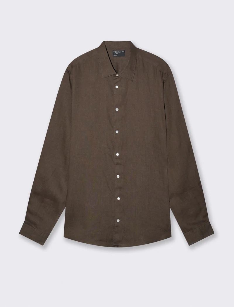 Camicia in lino leggero con collo francese - Moro