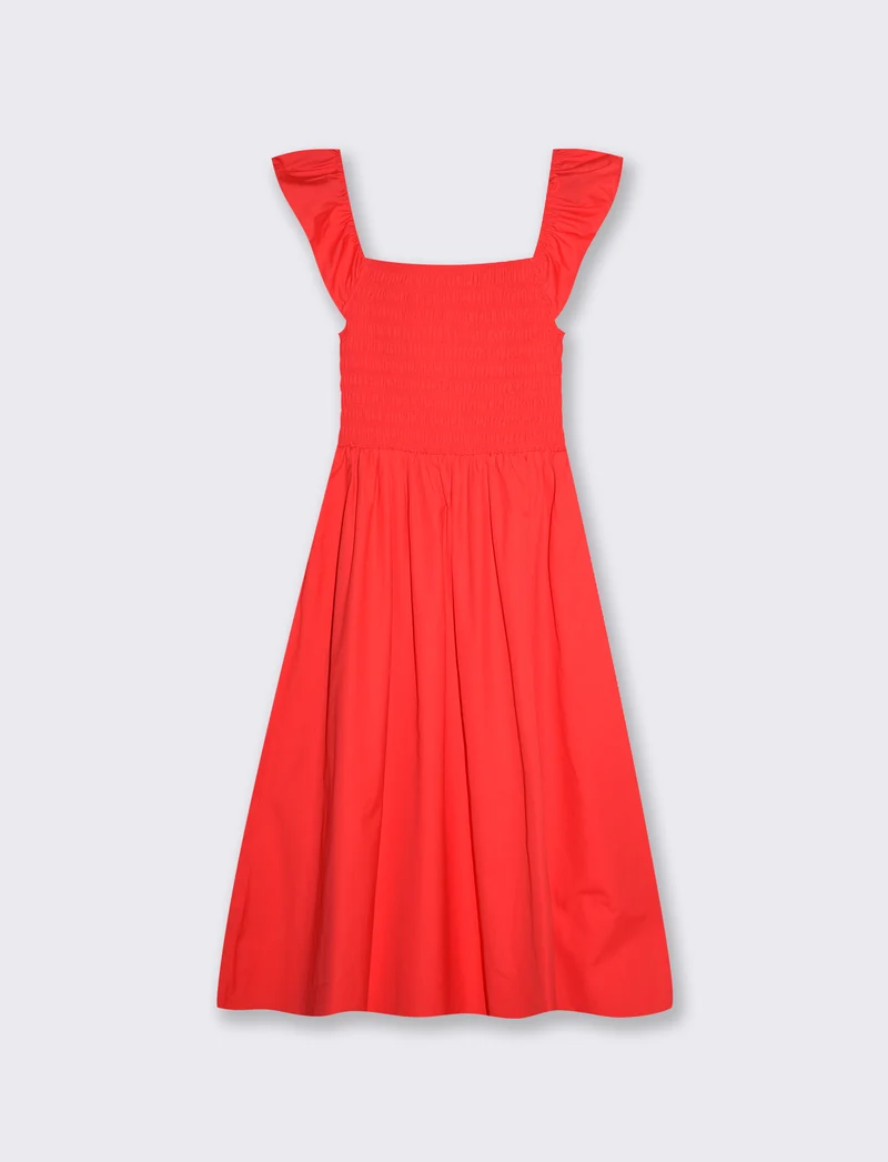 Abito lungo con busto smock e volant - Corallo