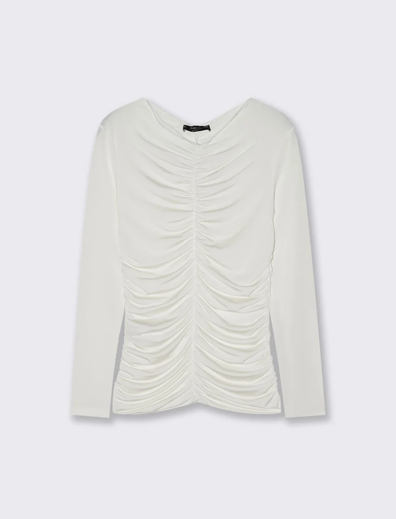 Tshirt elastica manica lunga con arriccio - Bianco latte