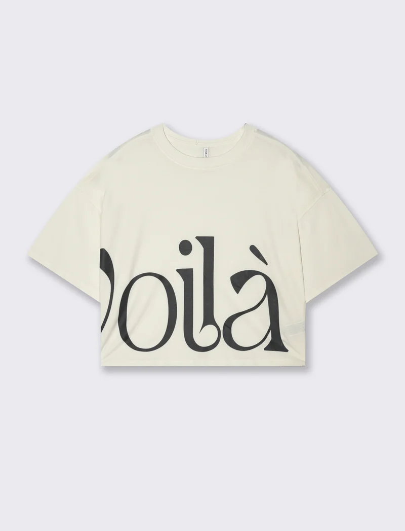 T-shirt Crop con Stampa e Manica Corta - Avorio