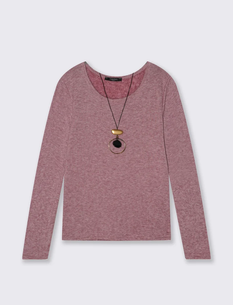 Tshirt manica lunga in tessuto pesante con collana - Bordeaux
