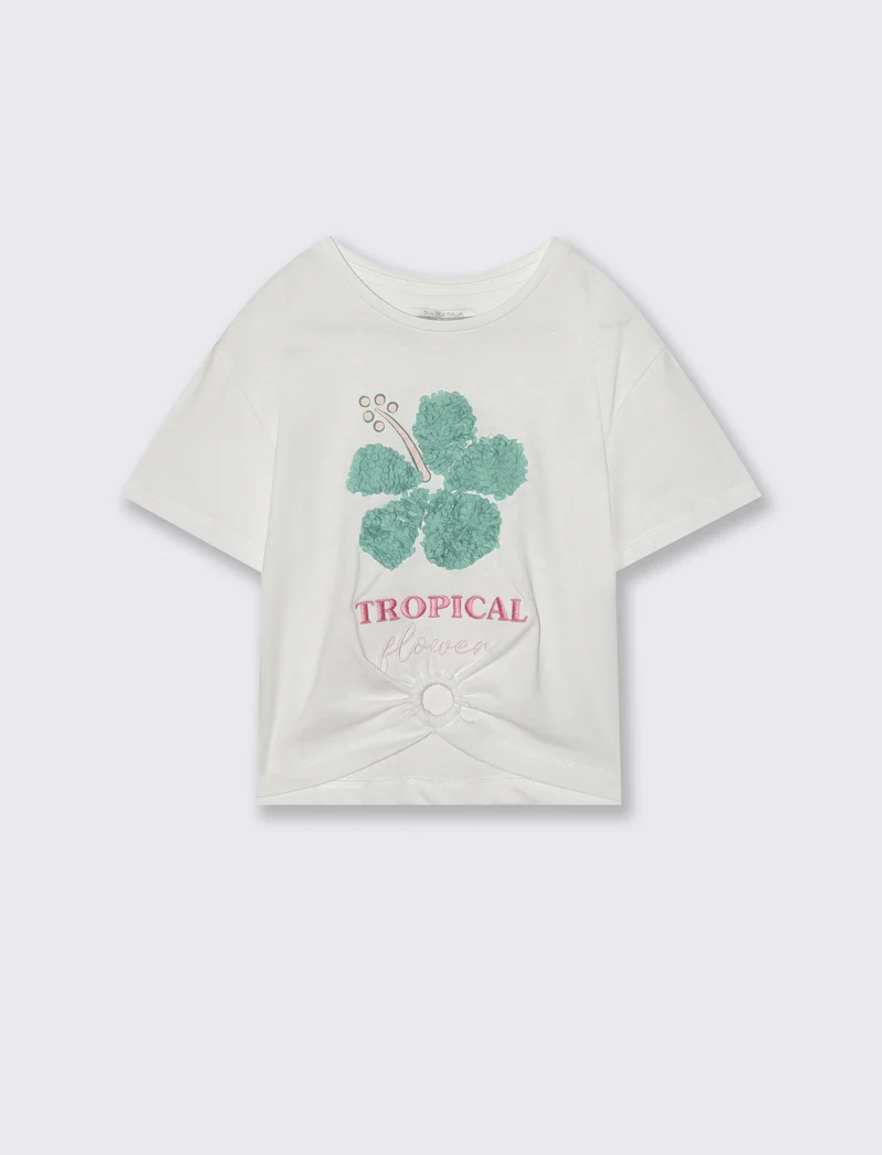 T-shirt mezza manica con petali decorativi - Bianco