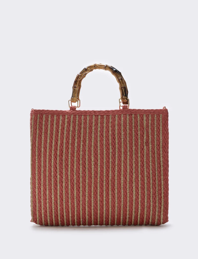 Borse in paglia lurex con manico bamboo - Arancio