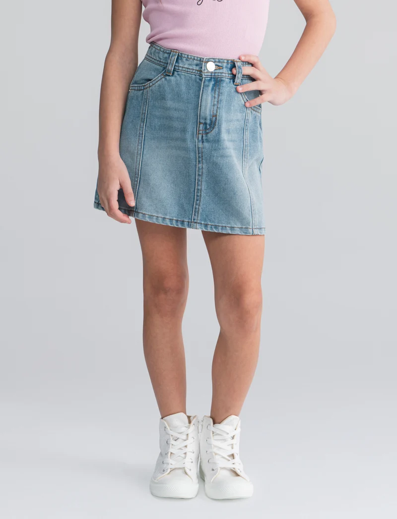 Gonna in denim con tasche e bustino - Denim chiaro