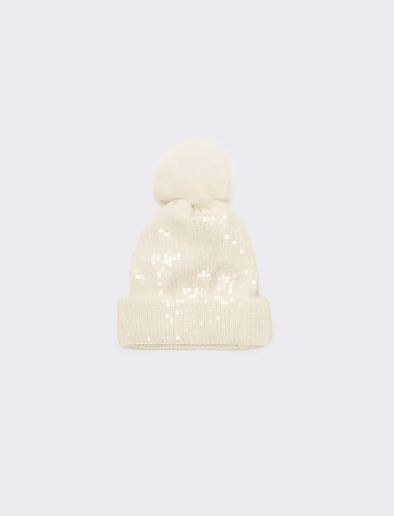 Cappello con pon pon e paillettes - Bianco