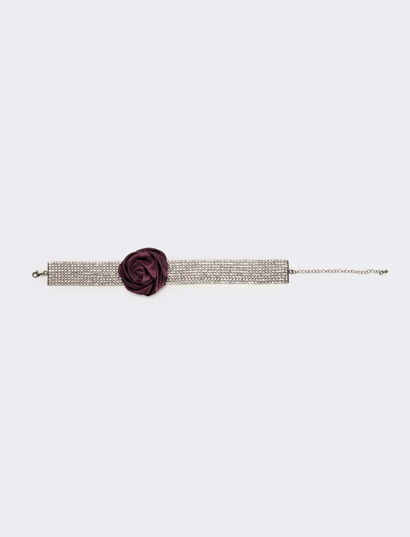 Collana chocker con strass e rosa in tessuto - Viola