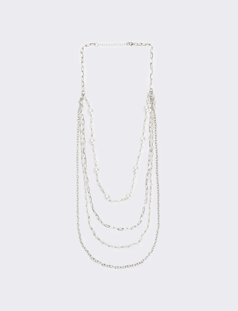 Collana con 4 catene e 2 fili di perle - Argento