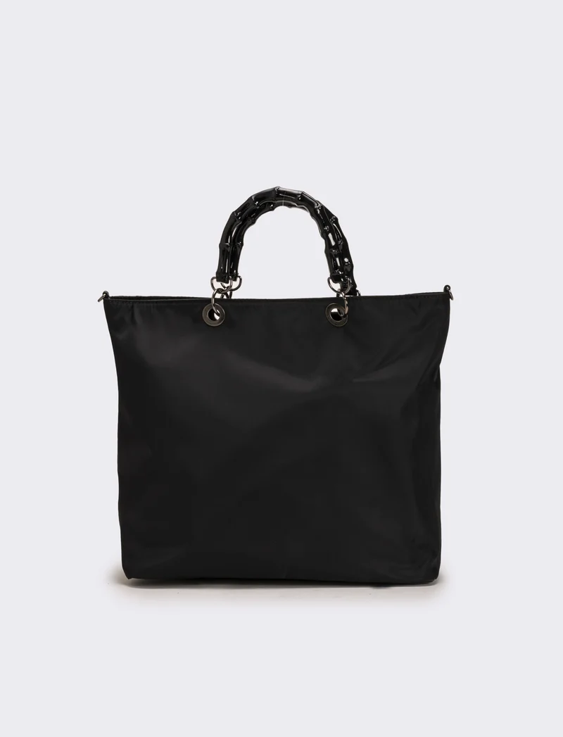 Borsa shopping nylon donna con manici bamboo - Nero