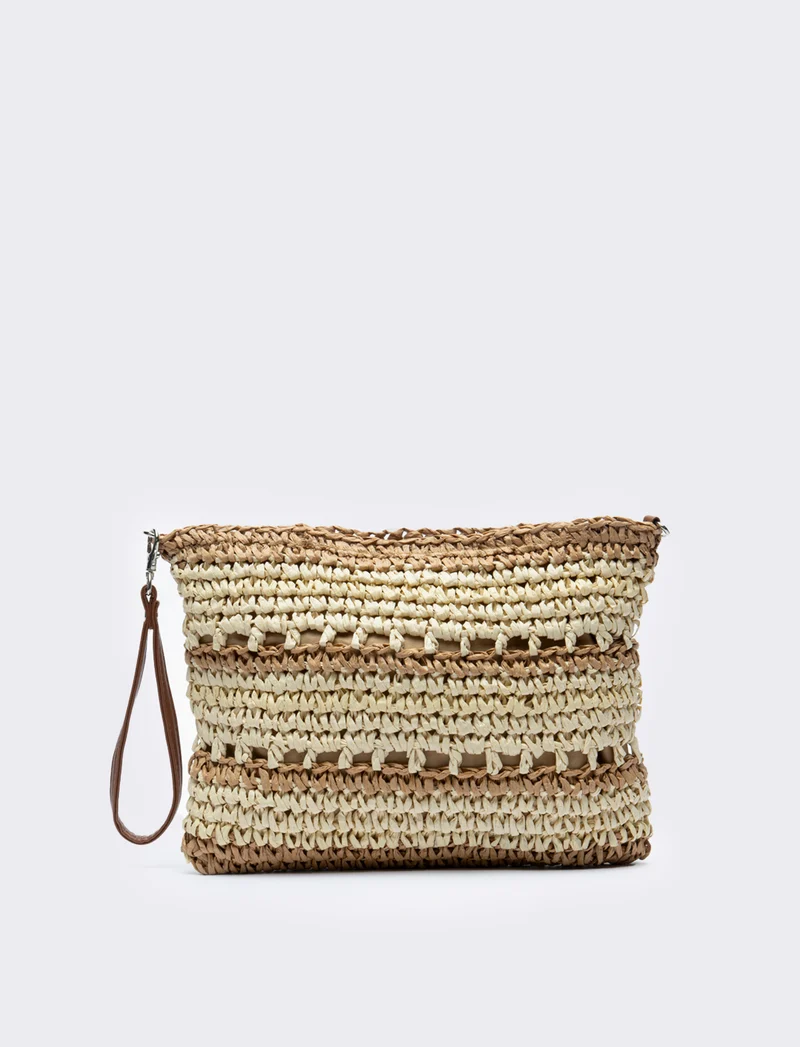 Tracolla donna in raffia righe - Marrone