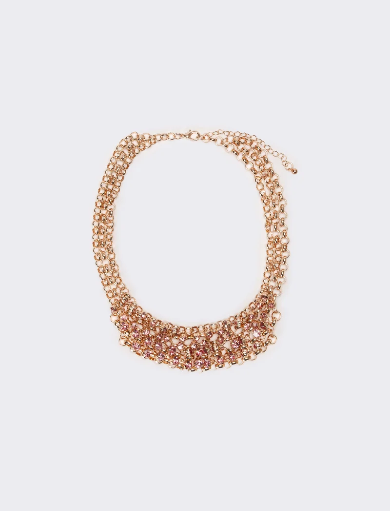 Collana donna con strass e maglia metallica - Rosa