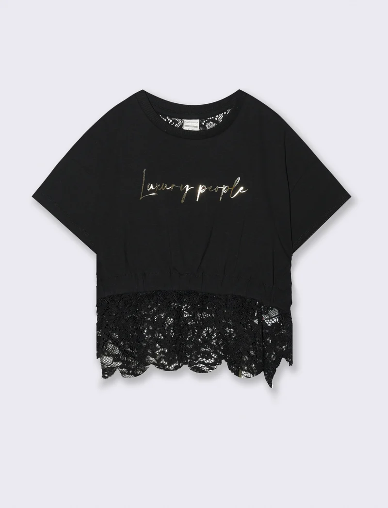 T-shirt con pizzo da bambina - Nero
