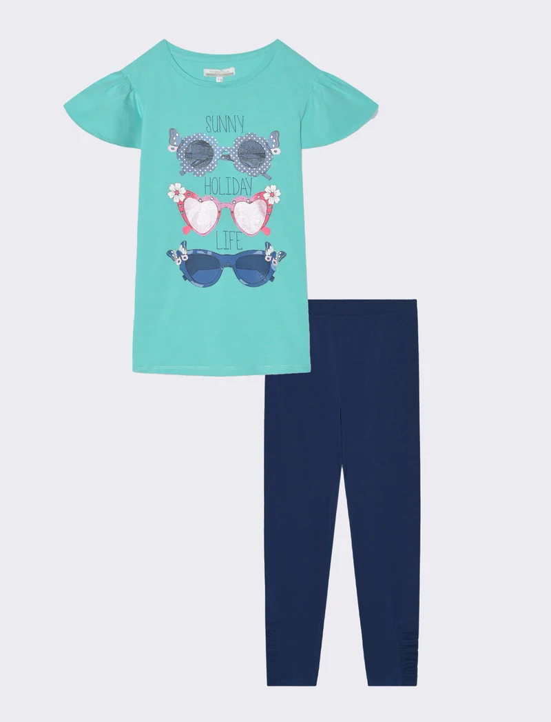 Completo t-shirt e leggings in cotone da bambina - Verde acqua