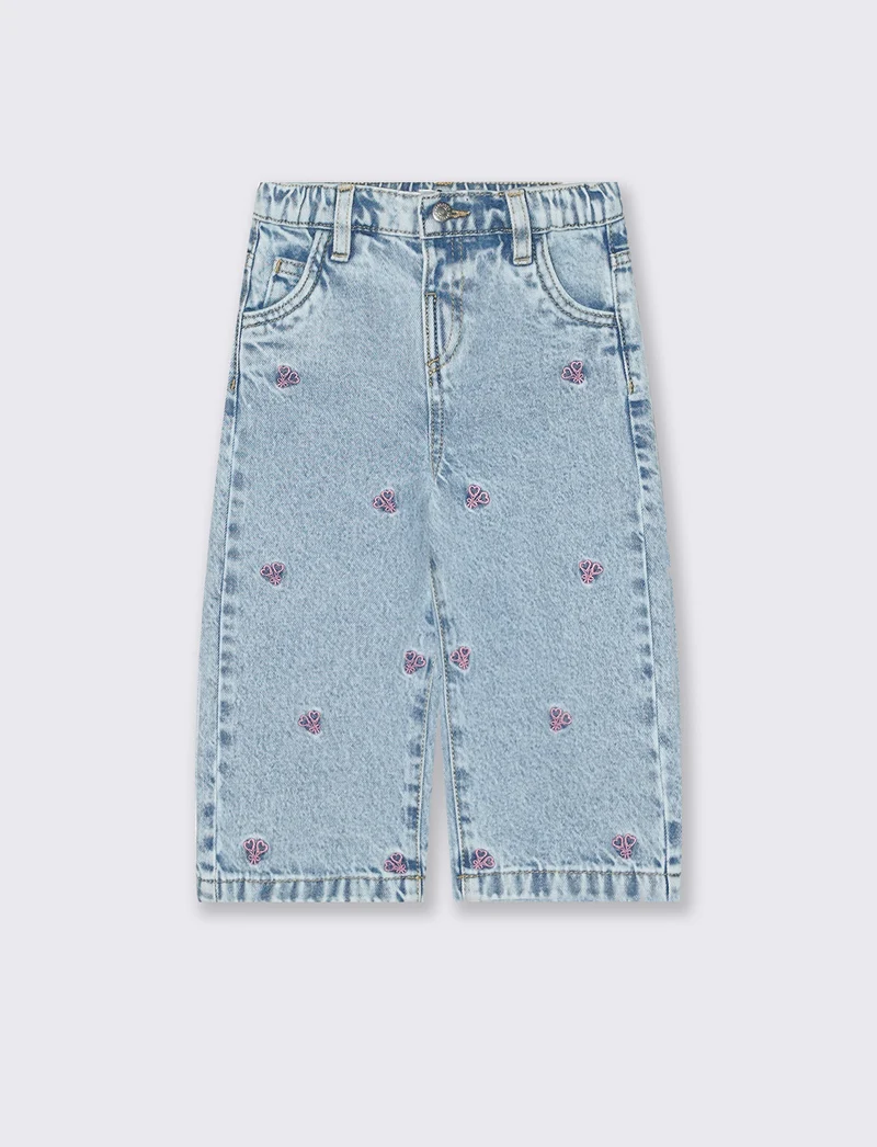 Jeans con Ricami e Vita Regolabile - Denim