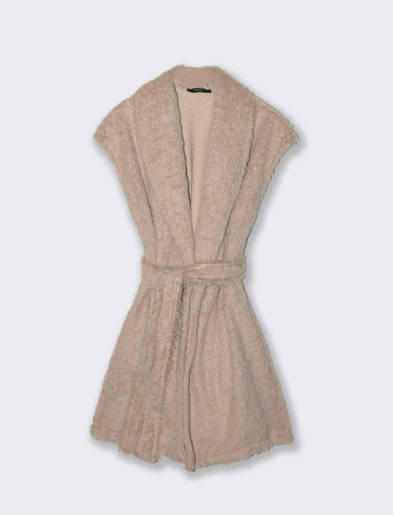Smanicato con cintura in tessuto effetto pelo - Beige