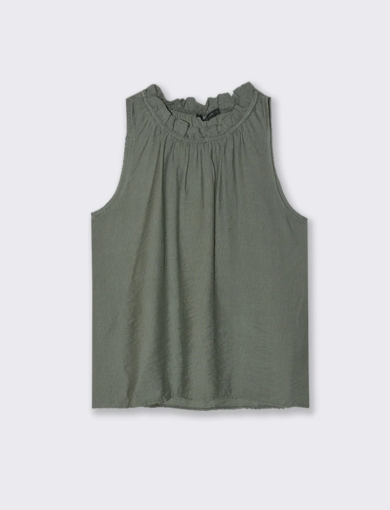 Top in cotone lavato con arriccio sul collo - Verde militare