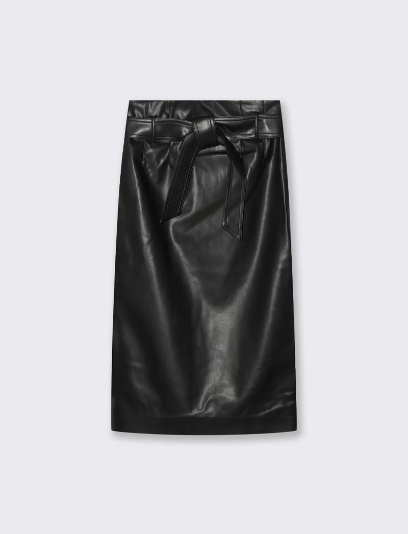 Gonna Longuette in Tessuto Effetto Pelle - Nero