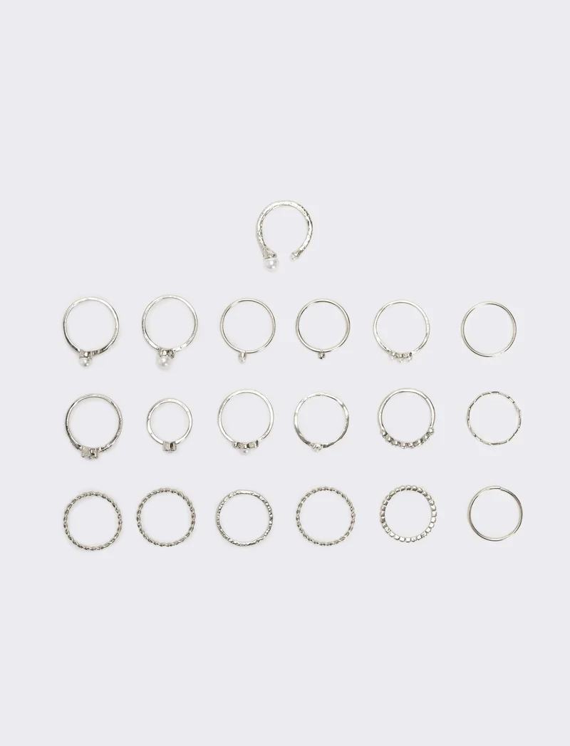 Card anelli donna 19 pezzi con perline - Argento
