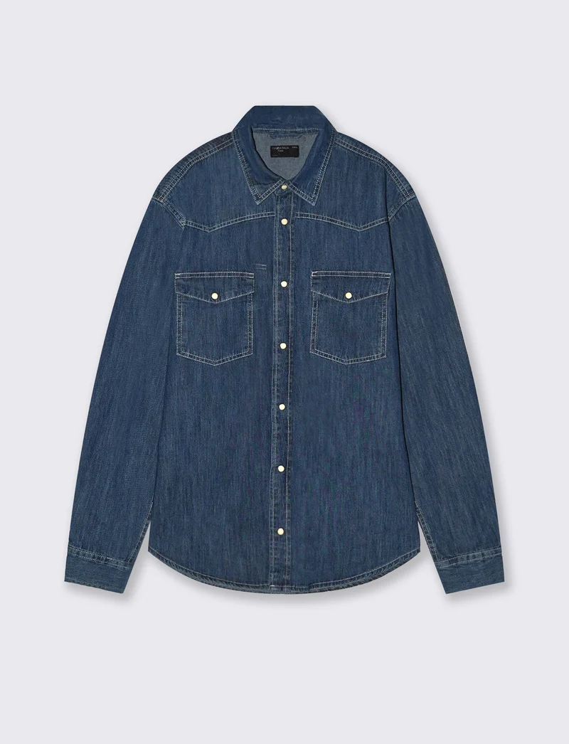 Camicia denim regular fit con tasche - DENIM SCURO