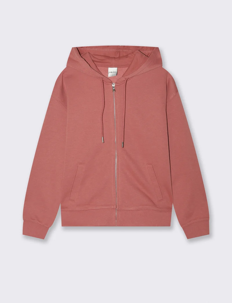 Felpa con cappuccio e zip lunga - Rosso mattone