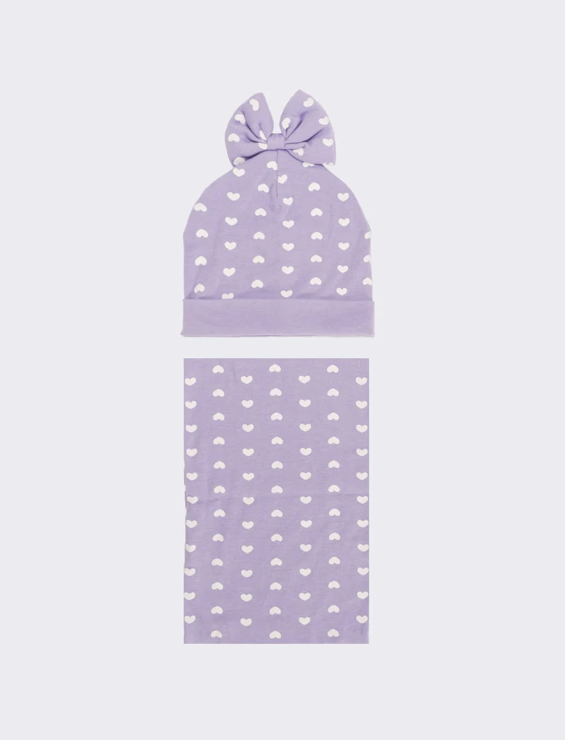 Set cappello e collo stampa cuori - Lilla
