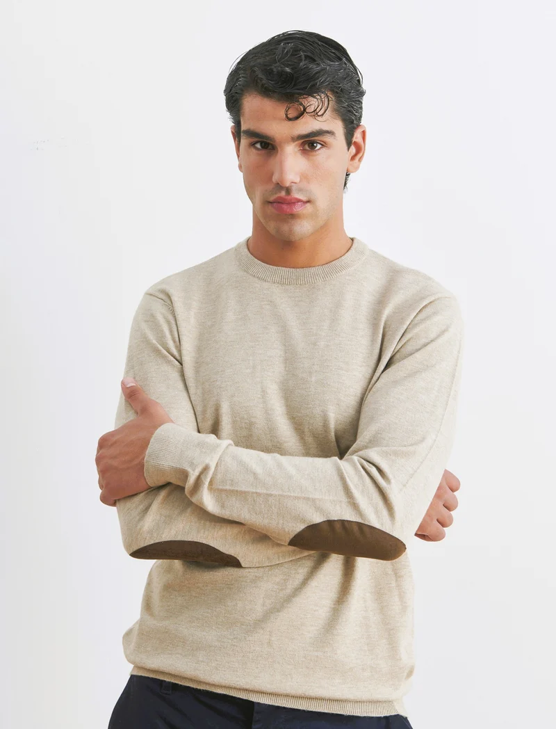 MAGLIA GIROCOLLO PREMIUM CON TOPPE GOMITO - Beige melange