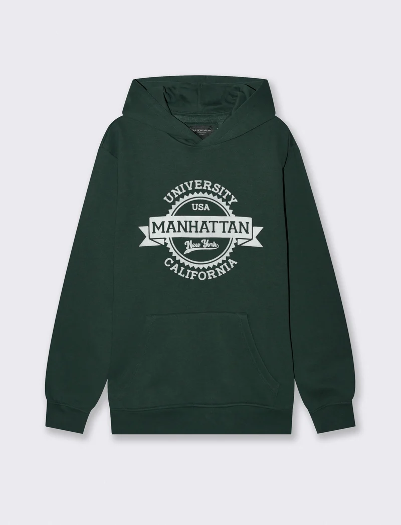 FELPA CON CAPPUCCIO CON STAMPA FLOCK - Verde scuro