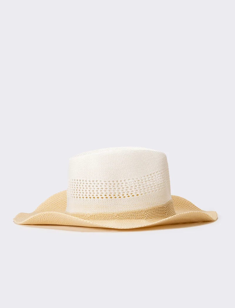 Cappello donna a falda larga modello country - Bianco-begie
