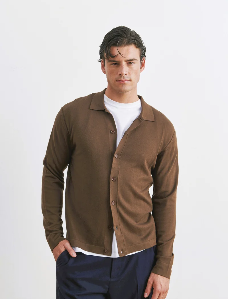 MAGLIA IN MISTO VISCOSA MODELLO POLO CARDIGAN - Moro
