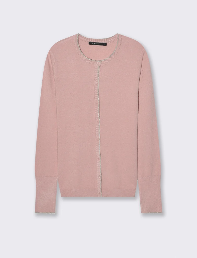 CARDIGAN CON BORDINO IN TESSUTO CON FIBRA EFFETTO METALLO - Rosa antico