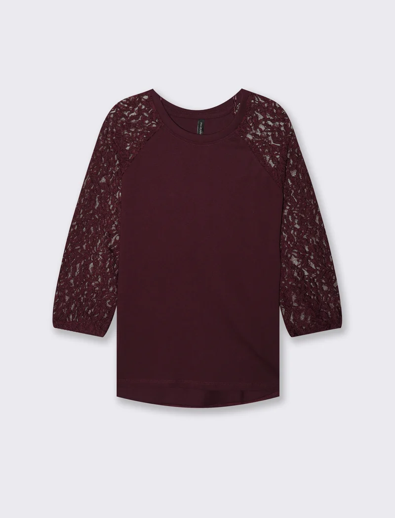 T-SHIRT CON MANICHE IN PIZZO - Bordeaux