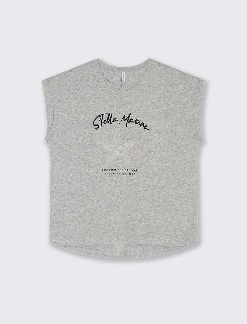 T-shirt con stampa e perline da donna - Grigio mel.