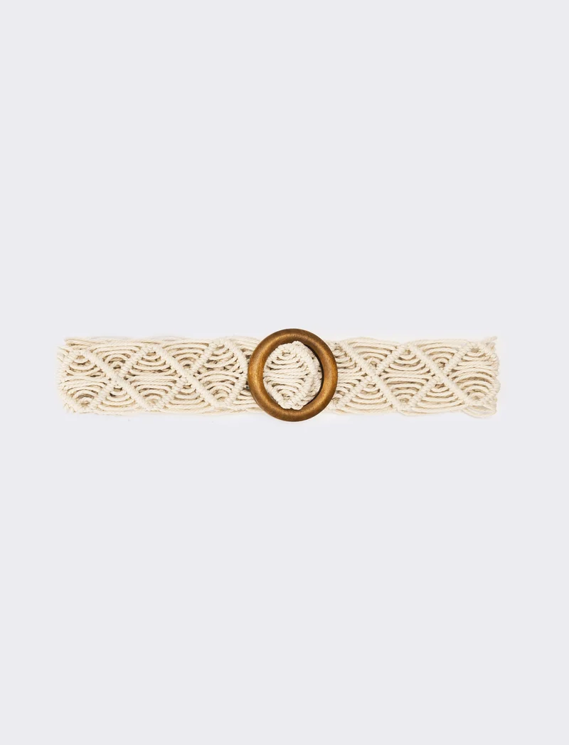 Cintura donna intrecciata filo e fibbia in legno - Beige