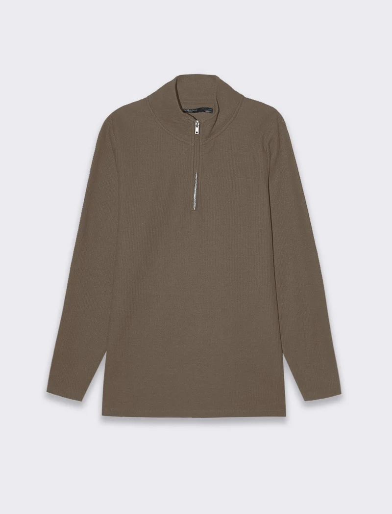Maglia mezzo collo zip struttura waffel da uomo - Grigio fango